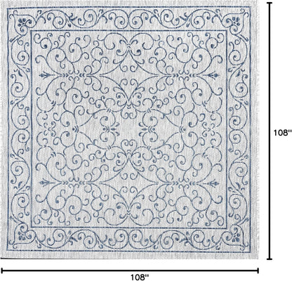 JONATHAN Y Vintage Filigree Indoor Outdoor Square Area Rug 9X9 Gray/Navy, Charleston Textured Weave for Backyard, Patio, Porch, Easy-Cleaning, High Traffic, Pet-Friendly, Non-Shedding (SMB106C-9SQ)