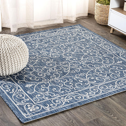 JONATHAN Y Vintage Filigree Indoor Outdoor Square Area Rug 5X5 Navy/Gray, Charleston Textured Weave for Backyard, Patio, Porch, Easy-Cleaning, High Traffic, Pet-Friendly, Non-Shedding (SMB106D-5SQ)