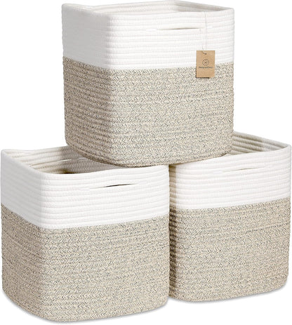 NaturalCozy Storage Cubes 11 Inch Cotton Rope Woven Baskets for Organizing, 3-Pack | Cube Bin Square Shelves Organizer, Classroom, Kids Toy Bins, Closet, Baby Nursery