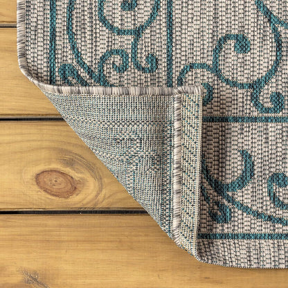 JONATHAN Y Vintage Filigree Indoor Outdoor Runner Rug 2X8 Gray/Teal, Charleston Textured Weave for Backyard, Patio, Porch, Easy-Cleaning, High Traffic, Pet-Friendly, Non-Shedding (SMB106E-28)