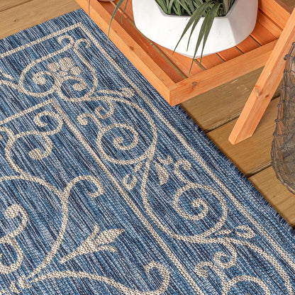 JONATHAN Y Vintage Filigree Indoor Outdoor Square Area Rug 5X5 Navy/Gray, Charleston Textured Weave for Backyard, Patio, Porch, Easy-Cleaning, High Traffic, Pet-Friendly, Non-Shedding (SMB106D-5SQ)