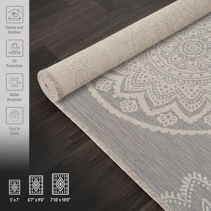 CAMILSON Outdoor Rug 6x9 Modern Area Rugs for Indoor and Outdoor Patios and Porches - Waterproof, Washable, Non-Shedding, Easy-to-Clean Outside Carpet (6 x 9, Medallion - Grey/White)