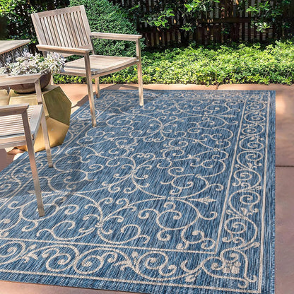 JONATHAN Y Vintage Filigree Indoor Outdoor Area Rug 6X9 Navy/Gray, Charleston Textured Weave for Backyard, Patio, Porch, Easy-Cleaning, High Traffic, Pet-Friendly, Non-Shedding (SMB106D-6)