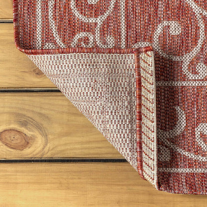 JONATHAN Y Vintage Filigree Indoor Outdoor Round Area Rug 8 Ft Red/Beige, Charleston Textured Weave for Backyard, Patio, Porch, Easy-Cleaning, High Traffic, Pet-Friendly, Non-Shedding (SMB106B-8R)