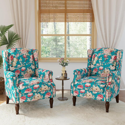 Lumibee High Back Accent Chair Set of 2, Armchair in Fabric,Comfy Upholstered Wingback Single Sofa Reading Chairs with Solid Wood Legs for Living Room,Bedroom,Office-Peacock Blue