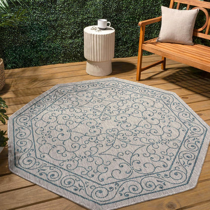 JONATHAN Y Vintage Filigree Indoor Outdoor Octagon Area Rug 8 Ft Gray/Teal, Charleston Textured Weave for Backyard, Patio, Porch, Easy-Cleaning, High Traffic, Pet-Friendly, Non-Shedding SMB106E-8TGN