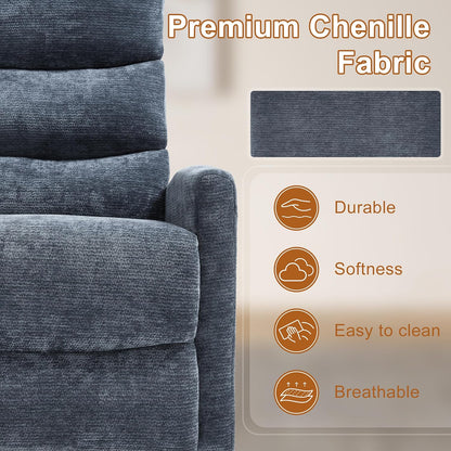 Manual Swivel Rocker Recliner Chair for Adults, Overstuffed Reclining Glider Chair for Nursing with Vibration Massage & Heat, Living Room Rocking Recliner 3-Stage backrest, Chenille Fabric Blue