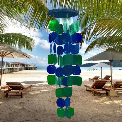 Bellaa 24858 Wind Chimes Outdoor, Garden Decorations, Musical, Indoor/Outside Windchimes, Beach, Ocean Breeze, Gifts for Mom, Gift for All Occasions, Capiz Sea Glass Shells Wood 27 inch Green Blue