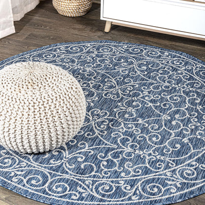 JONATHAN Y Vintage Filigree Indoor Outdoor Round Area Rug 8 Ft Navy/Gray, Charleston Textured Weave for Backyard, Patio, Porch, Easy-Cleaning, High Traffic, Pet-Friendly, Non-Shedding (SMB106D-8R)