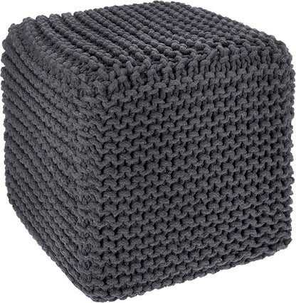 REDEARTH Cube Pouf Foot Stool Ottoman - Hand Knitted Coffee Table - Cotton Cord Boho Pouffe - Home Décor Poof - Stuffed Footrest for Living Room - Bedroom - Patio (16" x 16" x 16") - Dark Gray