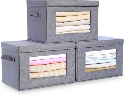 Citylife 3-Pack Collapsible Storage Bins with Lids, Linen Fabric Foldable Storage Boxes, Cube Closet Organization for Clothes, Blankets and Books, Gray