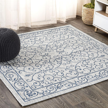 JONATHAN Y Vintage Filigree Indoor Outdoor Square Area Rug 6X6 Gray/Navy, Charleston Textured Weave for Backyard, Patio, Porch, Easy-Cleaning, High Traffic, Pet-Friendly, Non-Shedding (SMB106C-6SQ)