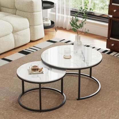 Round Nesting Coffee Table, White Modern Decorative Coffee Center Table Set of 2,Round Sintered Stone 24'' Coffee Table for Living Room with Sturdy Metal Frame.