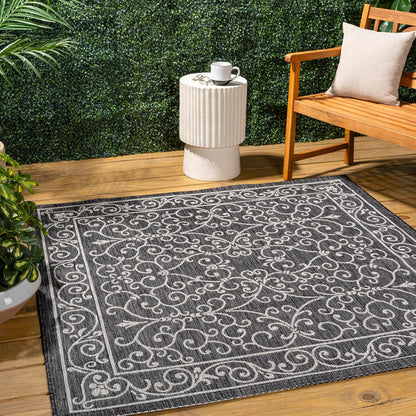 JONATHAN Y Vintage Filigree Indoor Outdoor Square Area Rug 6X6 Black/Gray, Charleston Textured Weave for Backyard, Patio, Porch, Easy-Cleaning, High Traffic, Pet-Friendly, Non-Shedding (SMB106G-6SQ)