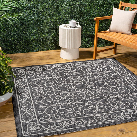 JONATHAN Y Vintage Filigree Indoor Outdoor Square Area Rug 6X6 Black/Gray, Charleston Textured Weave for Backyard, Patio, Porch, Easy-Cleaning, High Traffic, Pet-Friendly, Non-Shedding (SMB106G-6SQ)