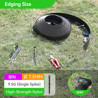 2" Tall 40ft No Dig Landscape Edging Border with 60PCS 8" Plastic Spikes & 4 PCS Connectors - Garden Lawn Edging Kit with a Shears for Landscaping, Lawn, Flower Beds and Yard
