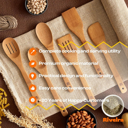 Riveira Dark Bamboo Wooden Spoons for Cooking 6-Piece, Apartment Essentials Wood Spatula Spoon Nonstick Kitchen Utensil Set Premium Quality Housewarming Gifts for Everyday Use