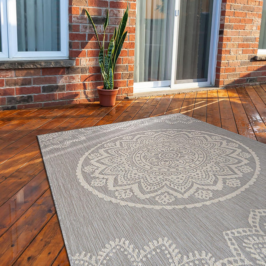 CAMILSON Outdoor Rug 6x9 Modern Area Rugs for Indoor and Outdoor Patios and Porches - Waterproof, Washable, Non-Shedding, Easy-to-Clean Outside Carpet (6 x 9, Medallion - Grey/White)
