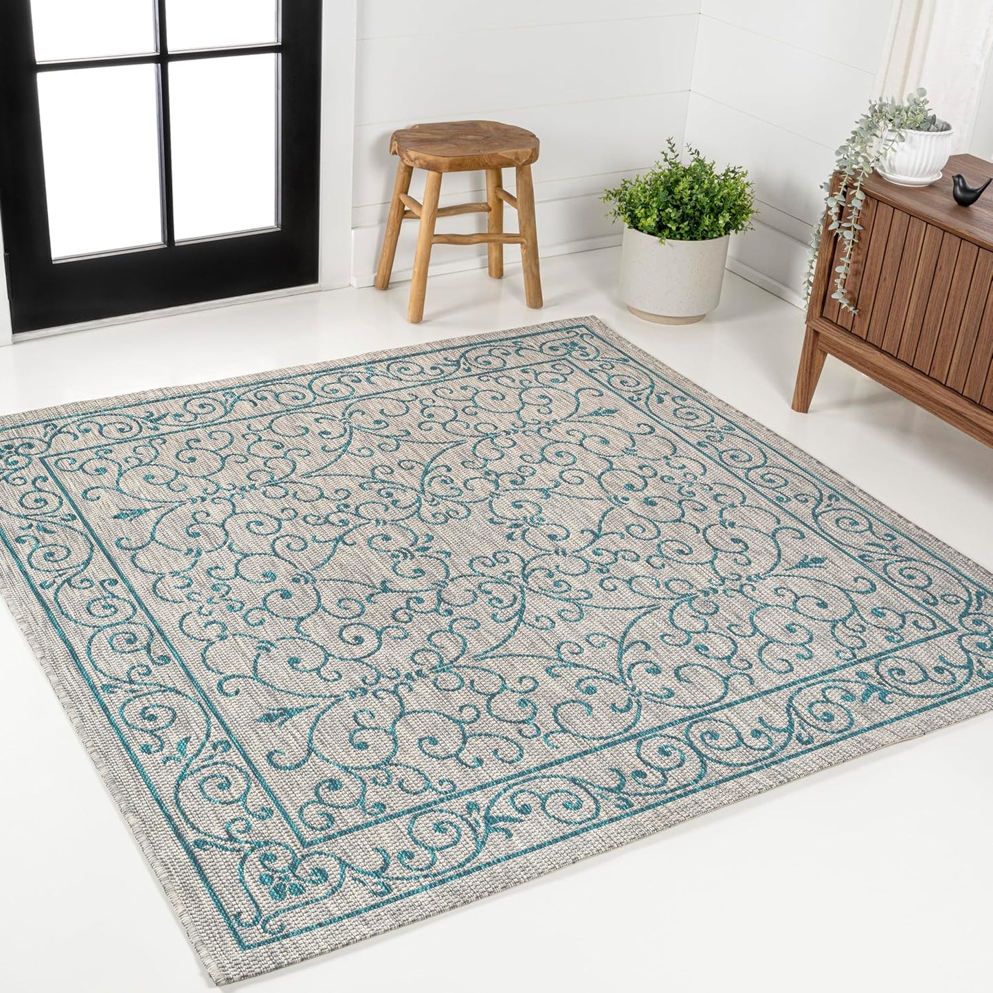 JONATHAN Y Vintage Filigree Indoor Outdoor Square Area Rug 5X5 Gray/Teal, Charleston Textured Weave for Backyard, Patio, Porch, Easy-Cleaning, High Traffic, Pet-Friendly, Non-Shedding (SMB106E-5SQ)