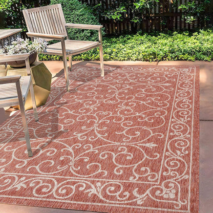 JONATHAN Y Vintage Filigree Indoor Outdoor Area Rug 9X12 Red/Beige, Charleston Textured Weave for Backyard, Patio, Porch, Easy-Cleaning, High Traffic, Pet-Friendly, Non-Shedding (SMB106B-9)