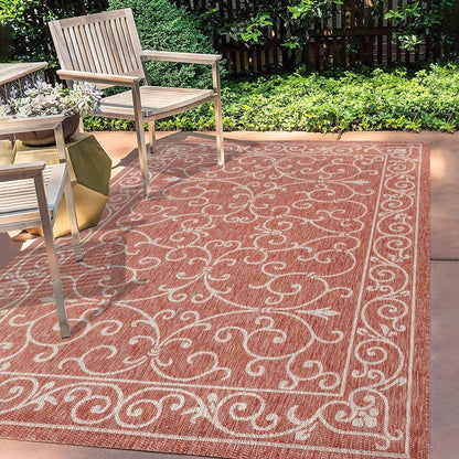 JONATHAN Y Vintage Filigree Indoor Outdoor Area Rug 6X9 Red/Beige, Charleston Textured Weave for Backyard, Patio, Porch, Easy-Cleaning, High Traffic, Pet-Friendly, Non-Shedding (SMB106B-6)