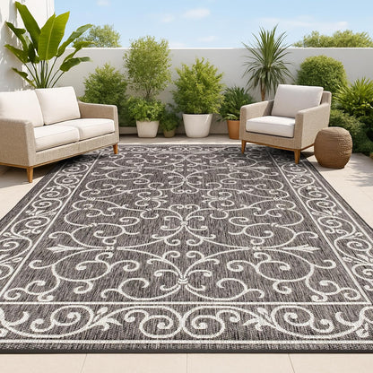 JONATHAN Y Vintage Filigree Indoor Outdoor Area Rug 6X9 Black/Gray, Charleston Textured Weave for Backyard, Patio, Porch, Easy-Cleaning, High Traffic, Pet-Friendly, Non-Shedding (SMB106G-6)