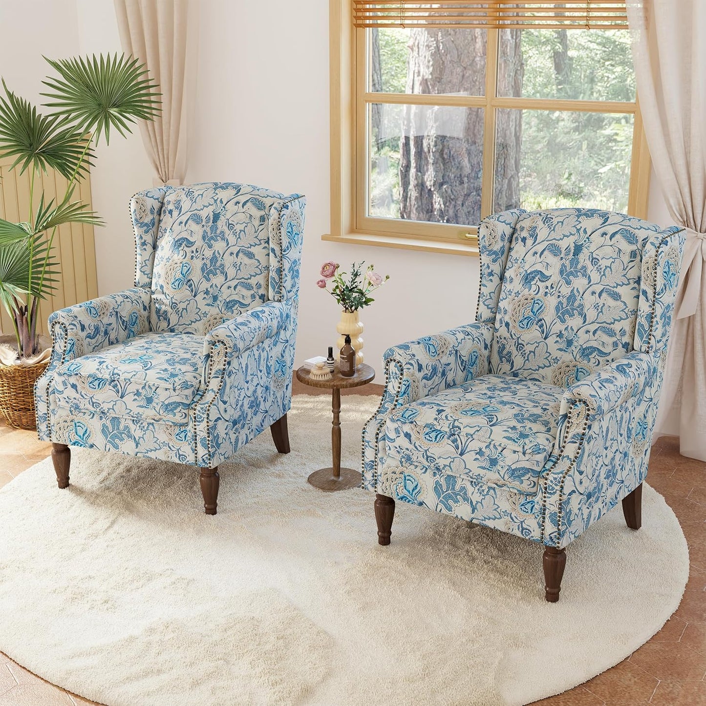 Lumibee Wingback Accent Chair, 2 Set High Back Floral Armchairs in Fabric,Comfy Upholstered Reading Single Sofa Chairs with Solid Wood Legs for Living Room,Bedroom,Office-Boho Blue