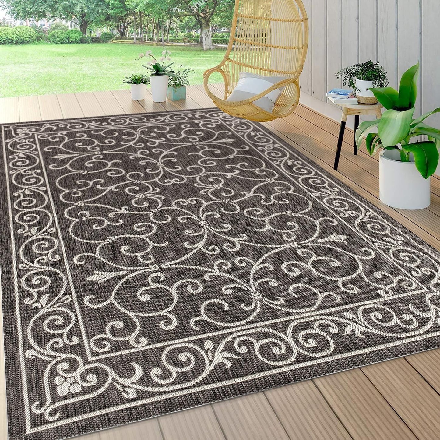 JONATHAN Y Vintage Filigree Indoor Outdoor Area Rug 8X10 Black/Gray, Charleston Textured Weave for Backyard, Patio, Porch, Easy-Cleaning, High Traffic, Pet-Friendly, Non-Shedding (SMB106G-8)