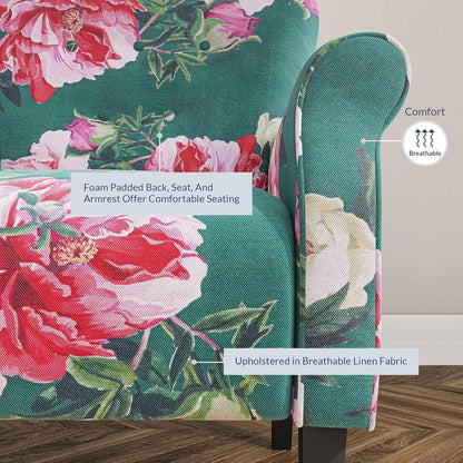 BELLEZE Modern Accent Chair, High Back Armchair, Upholstered Wingback Side Chair, Padded Single Sofa with Wooden Legs for Living Room, Bedroom - Green & Flower