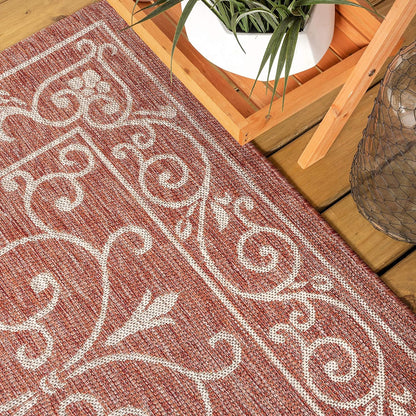 JONATHAN Y Vintage Filigree Indoor Outdoor Runner Rug 2X10 Red/Beige, Charleston Textured Weave for Backyard, Patio, Porch, Easy-Cleaning, High Traffic, Pet-Friendly, Non-Shedding (SMB106B-210)